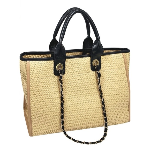 Hidora Handbags - Woven Straw Tote Bag with Black Trim